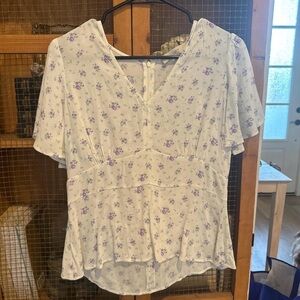 Loft Floral V-Neck White Blouse with Lavender Print